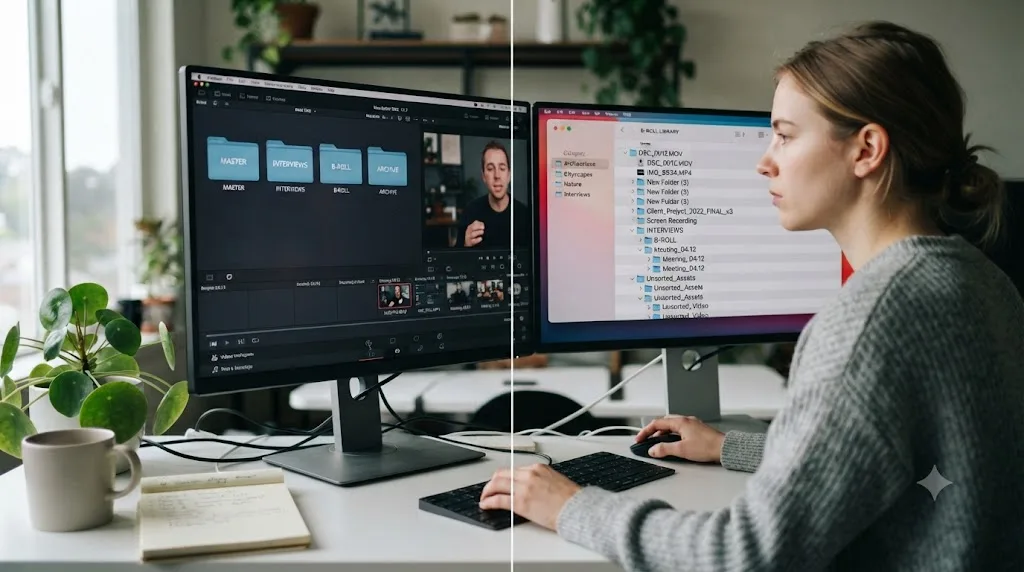 Illustration comparing a Resolve tutorial video against the same steps applied to a real, messy footage archive