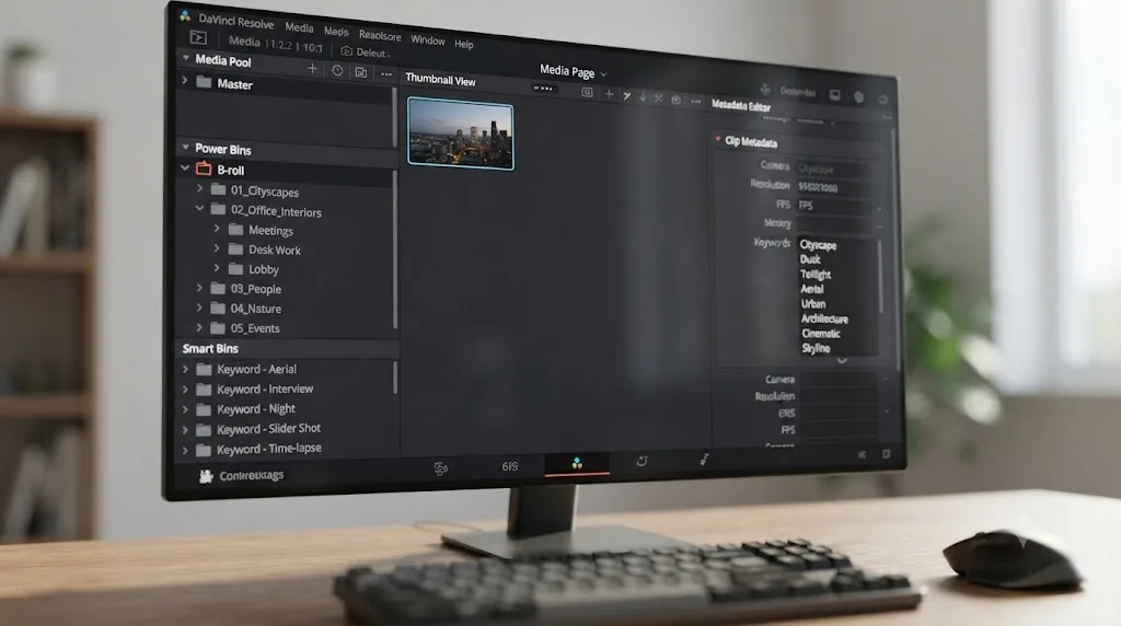 Illustration of the DaVinci Resolve Media page showing a Power Bin, several keyword Smart Bins, and the Metadata Editor keyword panel