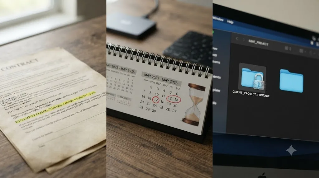 Illustration of a contract clause with a two-year exclusivity countdown unlocking a footage folder for reuse