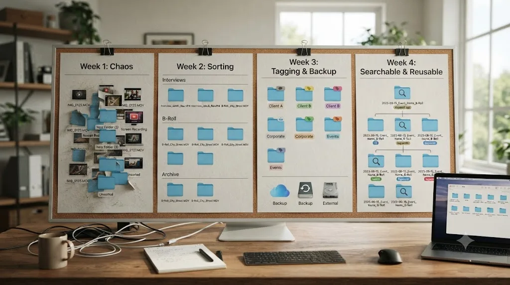 Illustration of a four-week calendar showing a B-roll library becoming progressively organized from chaotic to fully searchable