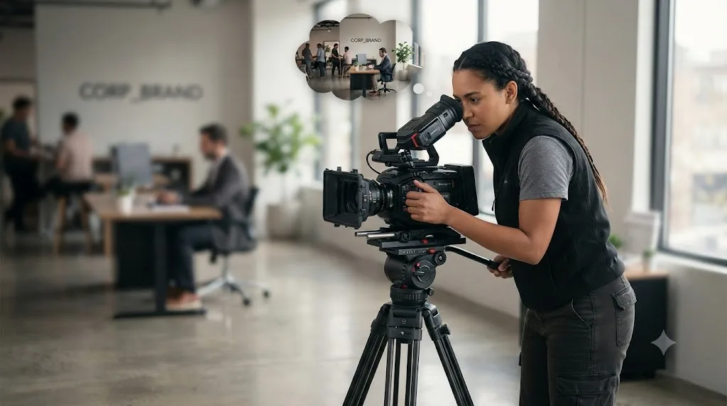Illustration of a camera operator capturing a client shot alongside a reusable, generic version of the same shot
