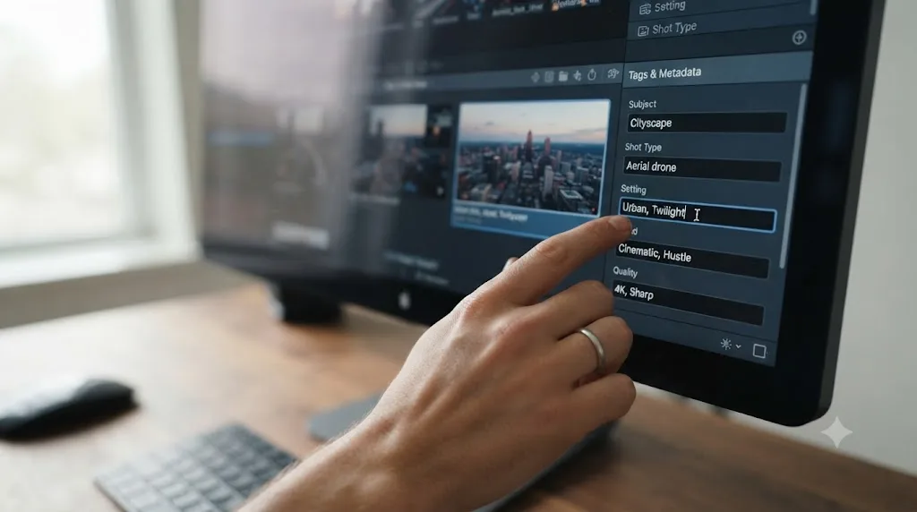 Illustration of a hand adding five metadata tags to a video clip in a tagging interface