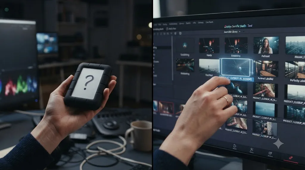 Illustration comparing an unlabeled hard drive with a question mark against a clearly labeled digital footage shelf