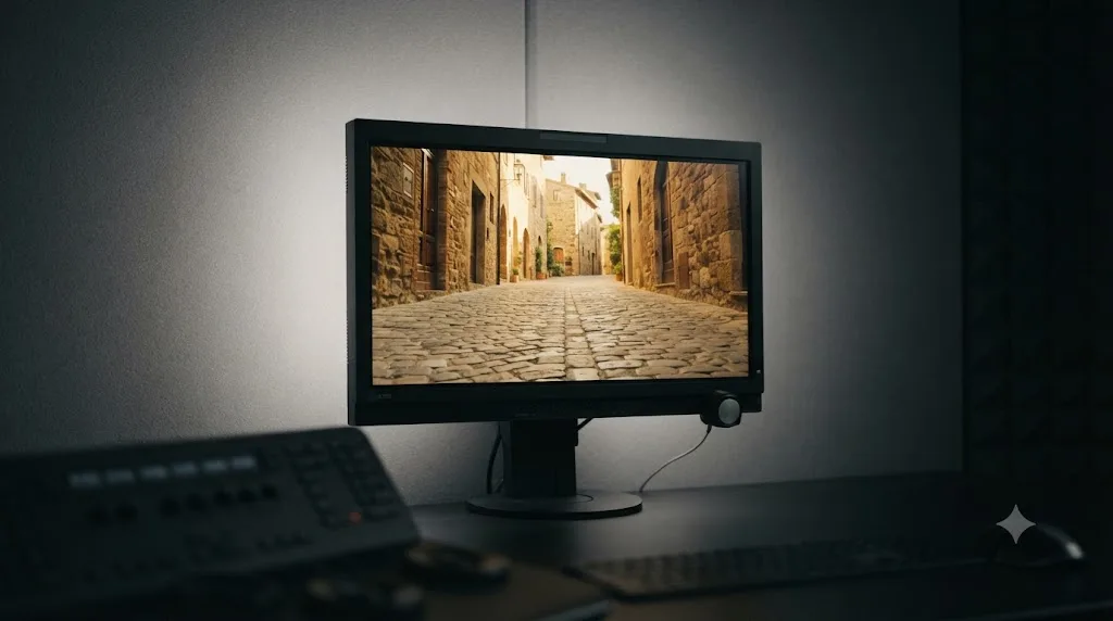 Illustration of a monitor with D65 bias lighting glowing behind it against a neutral gray wall in a darkened room