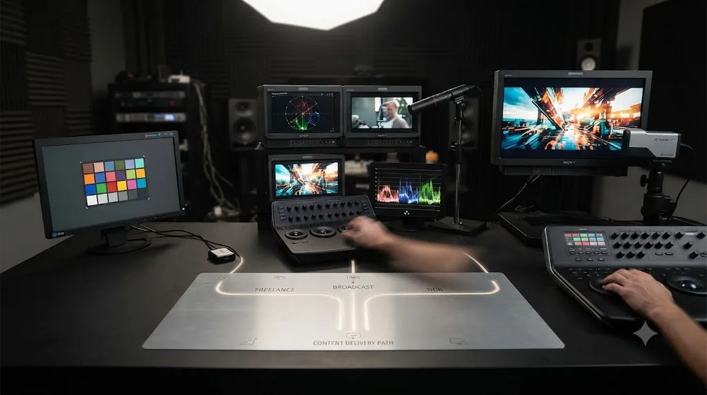 Illustration of a decision table splitting freelance, broadcast, and HDR delivery paths into matching monitor calibration setups