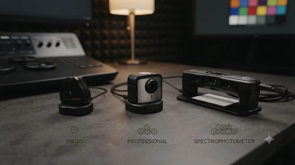 Illustration of three tiers of monitor calibration hardware, an entry colorimeter, a professional colorimeter, and a spectrophotometer