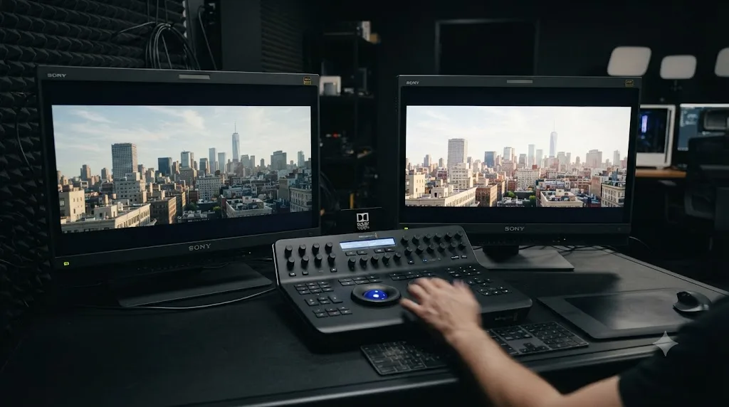 Illustration of two side-by-side reference monitors, one calibrated for SDR and one for HDR, with a Dolby Vision trim pass panel between them
