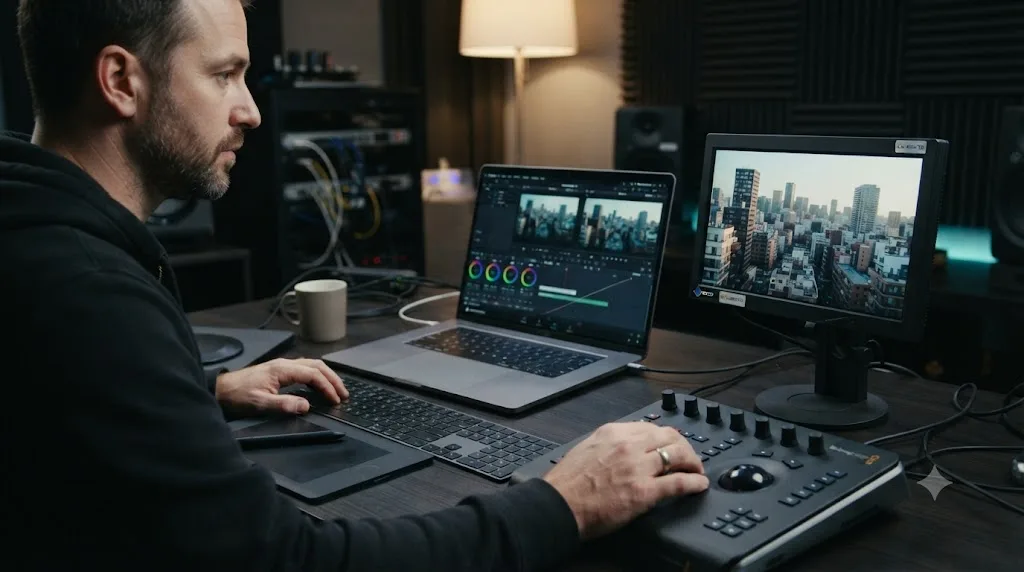 Illustration of a colorist working on a laptop beside a small external calibrated monitor for accurate color reference