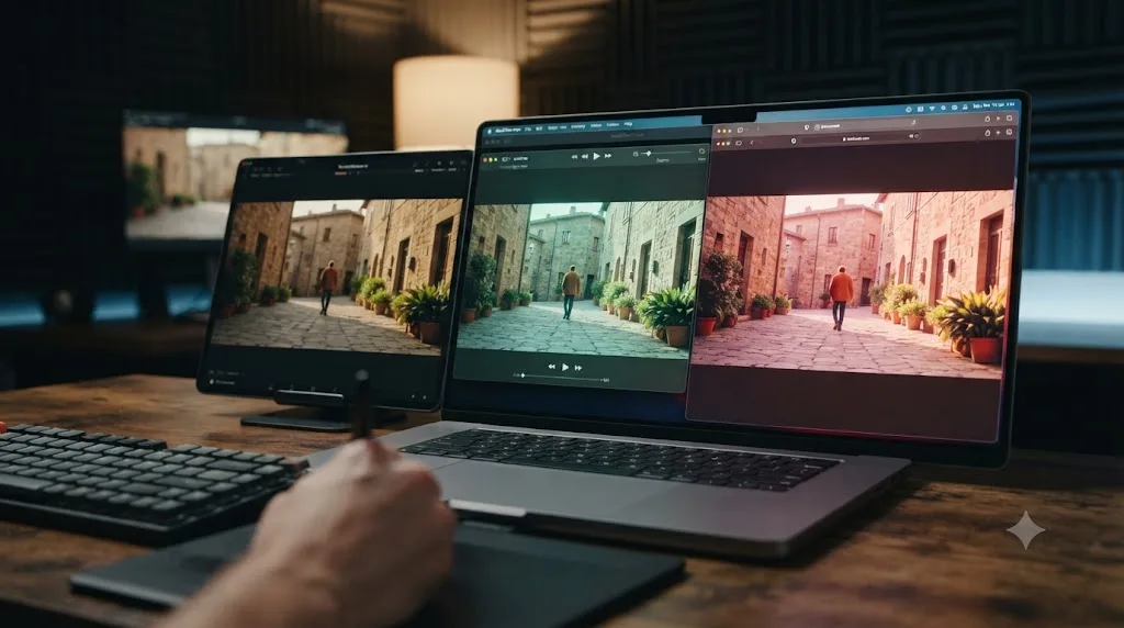 Illustration of the same video frame appearing with slightly different color casts in DaVinci Resolve, QuickTime Player, and a browser on the same Mac
