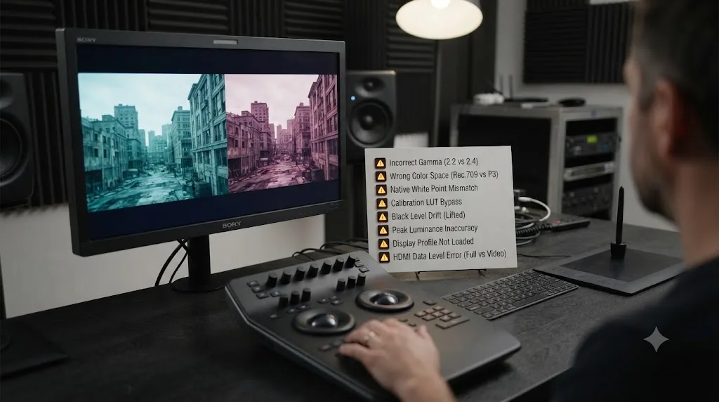 Illustration of a checklist of common monitor calibration mismatches beside a DaVinci Resolve project showing an inconsistent grade