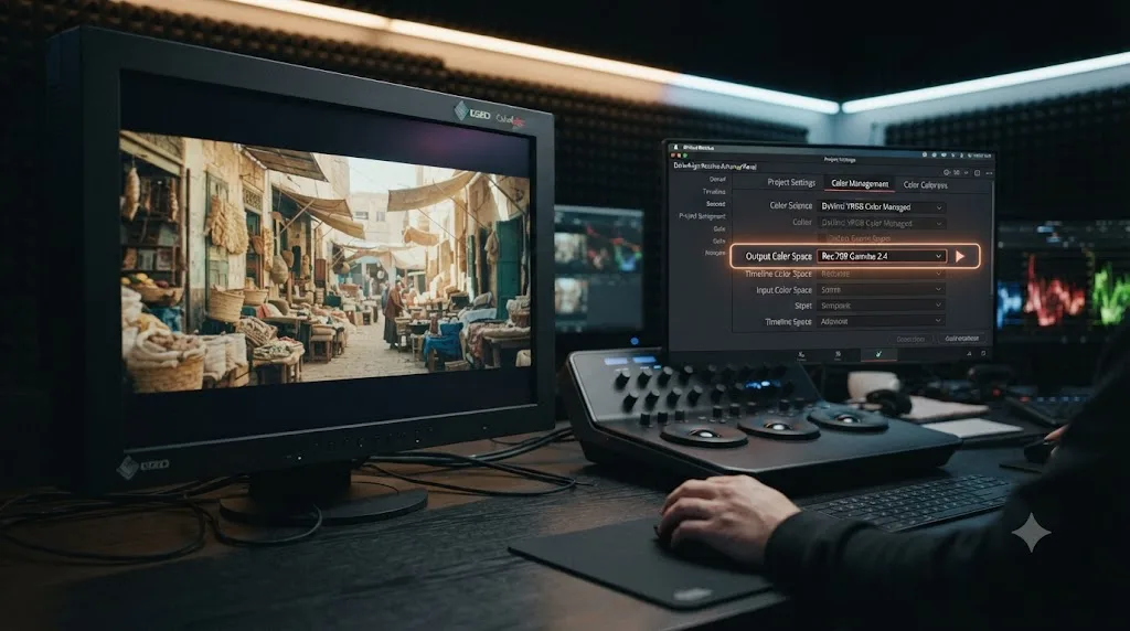 Illustration of DaVinci Resolve's Color Management tab with the Output Color Space setting highlighted beside a calibrated monitor