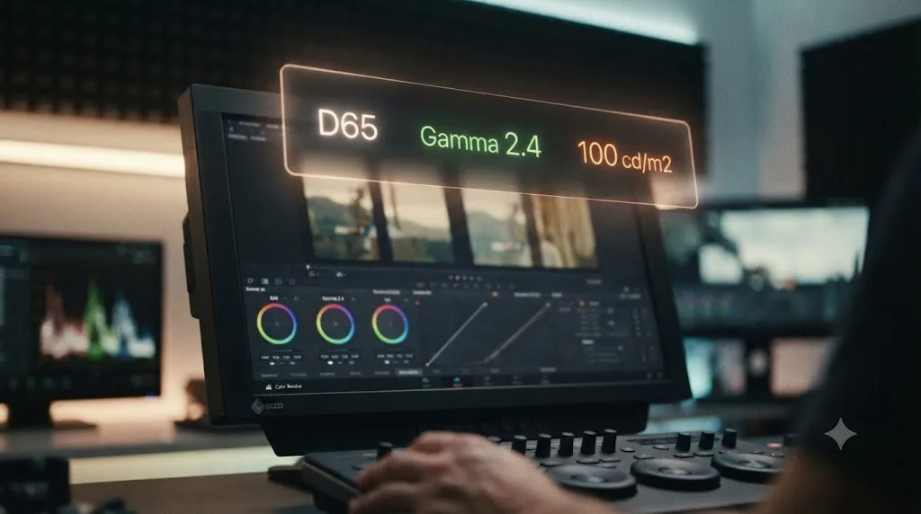 Illustration of D65 white point, gamma 2.4, and 100 cd/m2 luminance displayed as calibration target values