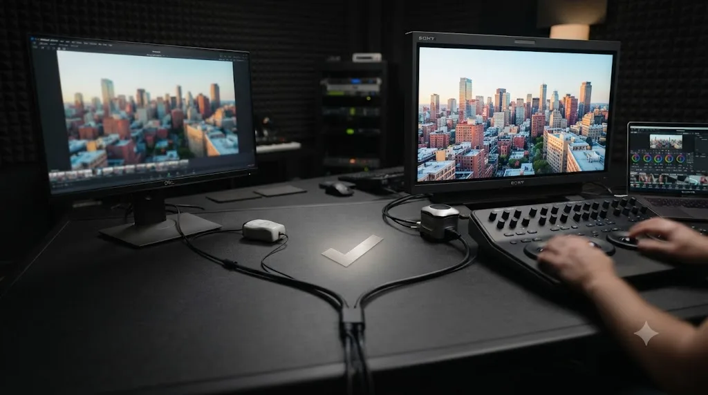 Illustration of a decision fork comparing a budget colorimeter setup against a professional reference monitor and CalMAN setup
