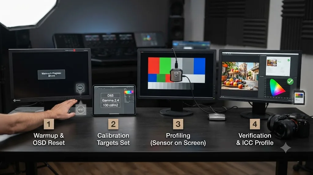 Illustration of a step-by-step monitor calibration workflow, from warmup and OSD reset through profiling and verification