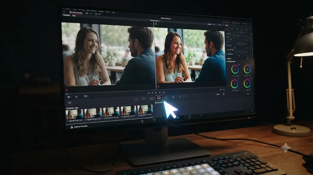 Illustration of a glowing pointer highlighting the Split Screen icon on a DaVinci Resolve Color page toolbar