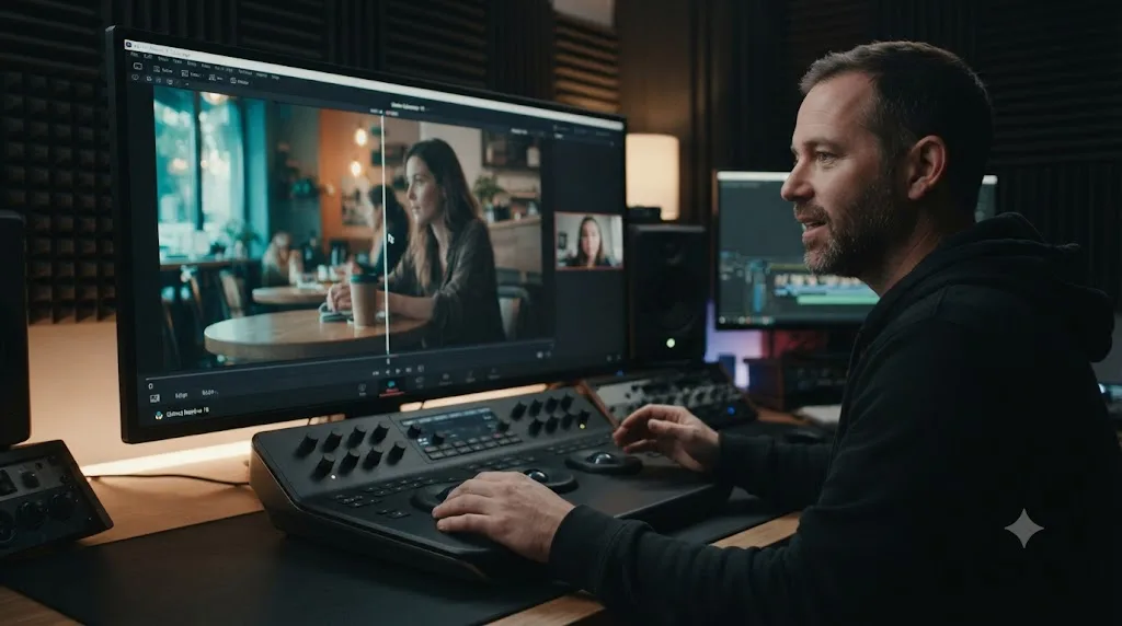 Illustration of a colorist on a video call sharing a DaVinci Resolve wipe comparison between a graded shot and the raw original with a client