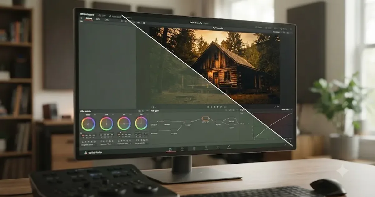 Illustration of a DaVinci Resolve Color page viewer split by a diagonal wipe line, a graded shot on one side and the same ungraded shot on the other