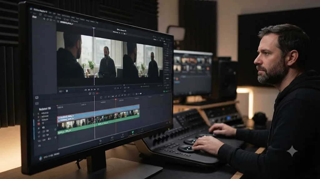 Illustration of a DaVinci Resolve Edit page timeline with a reference clip stacked above the main sequence, cropped to reveal a manual wipe comparison