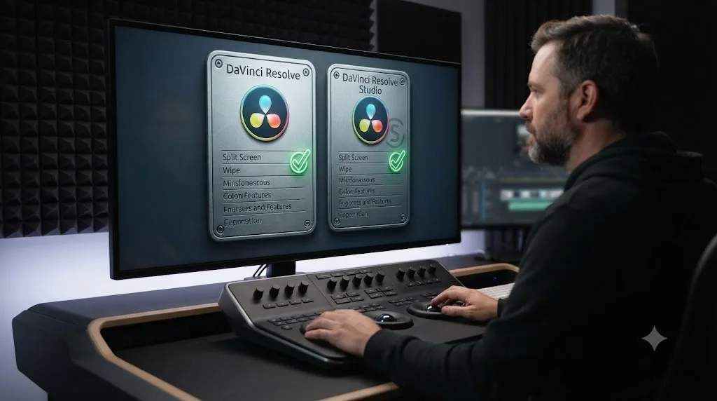 Illustration comparing DaVinci Resolve free and Studio versions with a checkmark showing Split Screen and Wipe are available in both