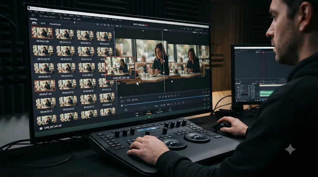 Illustration of a DaVinci Resolve Gallery panel with a saved still being dragged onto the viewer to set up a wipe comparison
