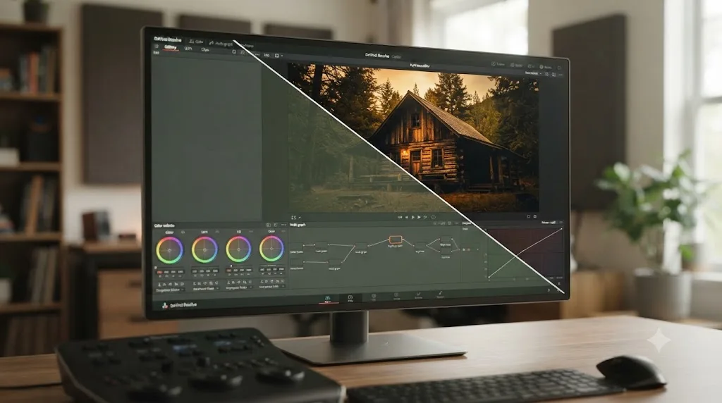 Illustration of a DaVinci Resolve Color page viewer split by a wipe line comparing a graded shot to the same ungraded shot