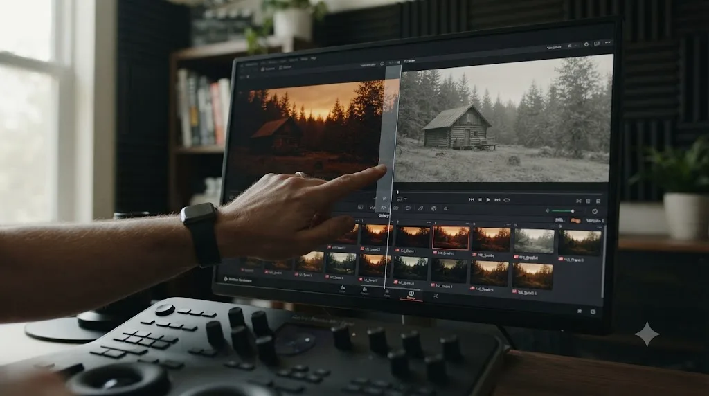 Illustration of a hand dragging a wipe line across a DaVinci Resolve viewer with a Gallery panel of saved color stills below
