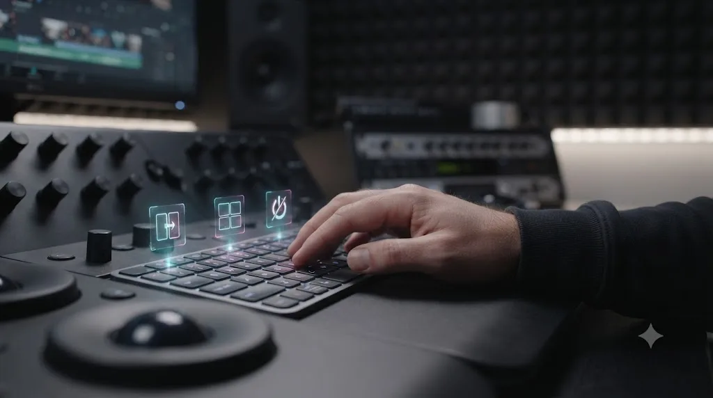 Illustration of a colorist's hand on a keyboard with glowing icons above the wipe, split screen, and bypass shortcut keys