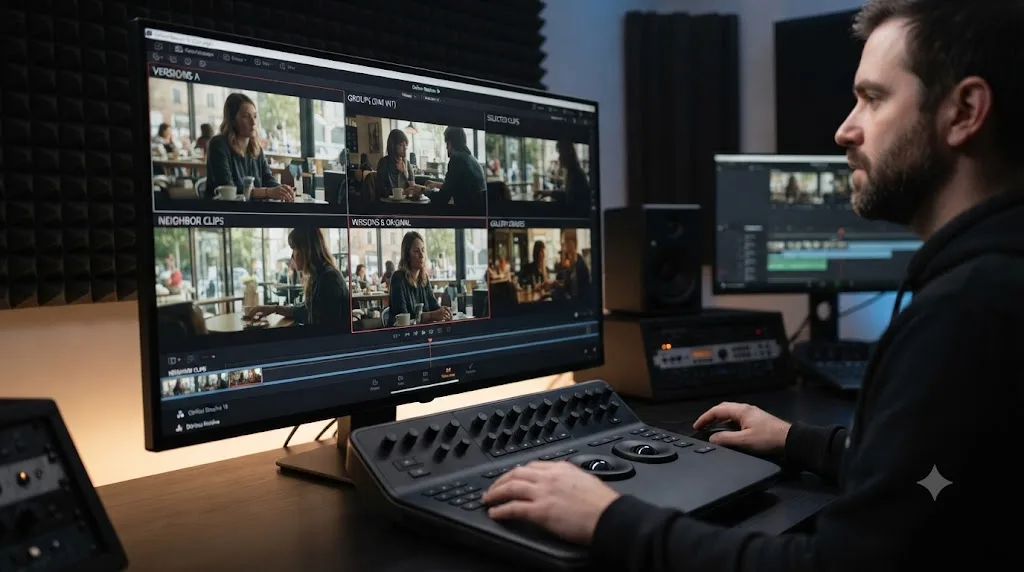 Illustration of a DaVinci Resolve Split Screen grid with quadrants labeled for Versions, Groups, Selected Clips, and other comparison modes