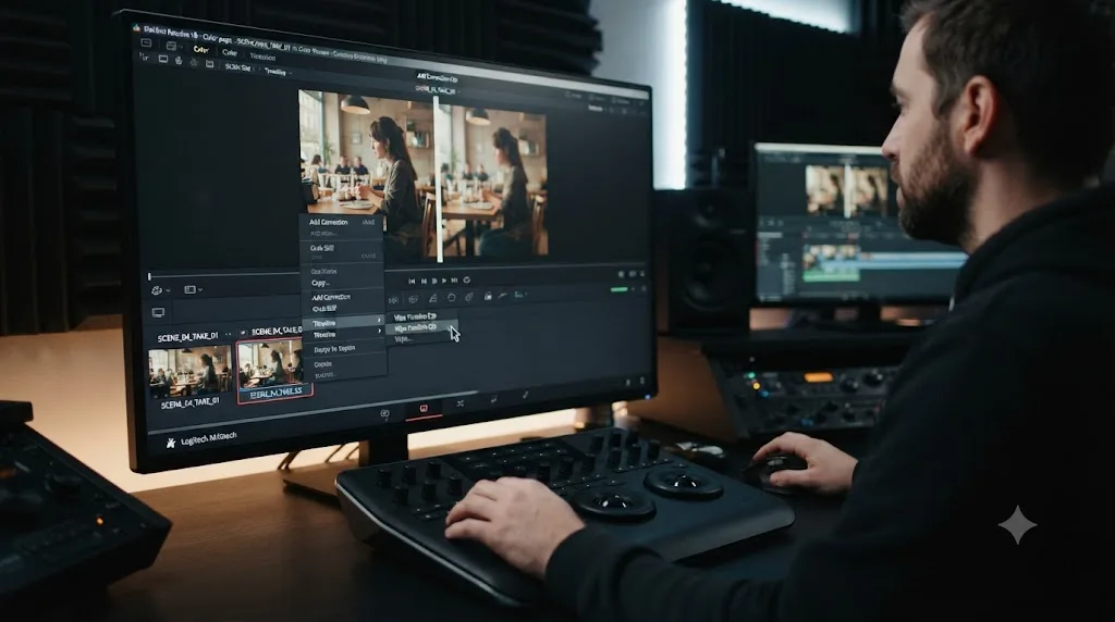 Illustration of a DaVinci Resolve thumbnail timeline with a right-click context menu showing the Wipe Timeline Clip option