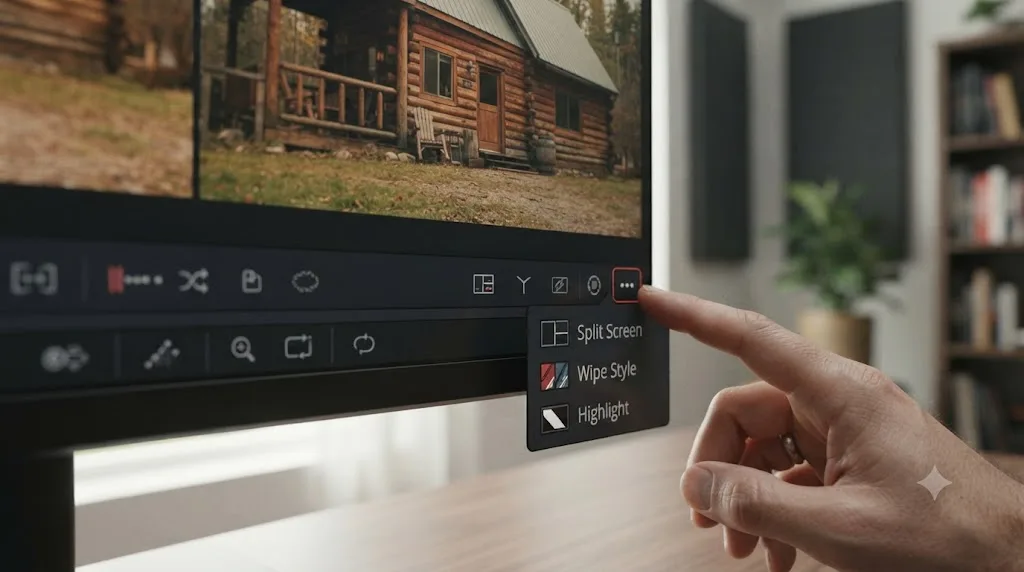 Illustration of the DaVinci Resolve Color page viewer toolbar with the 3-dot menu open showing Split Screen and Wipe Style options