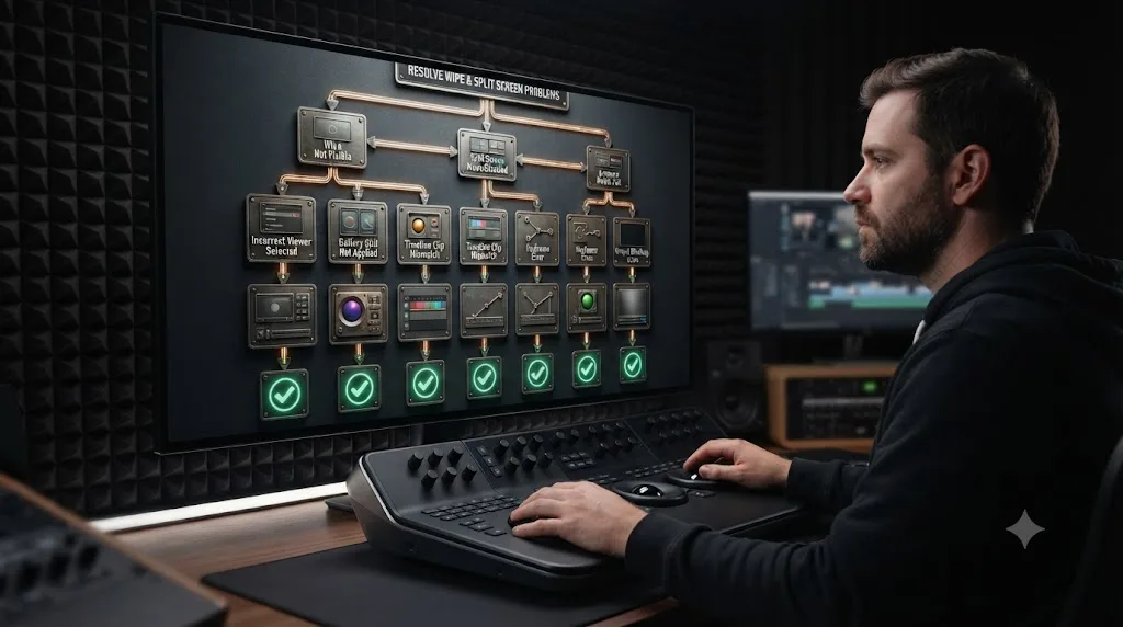 Illustration of a troubleshooting flowchart for DaVinci Resolve wipe and split screen problems, tracing symptoms to fixes