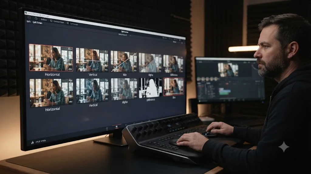 Illustration of six DaVinci Resolve wipe styles shown side by side: Horizontal, Vertical, Mix, Alpha, Difference, and Box