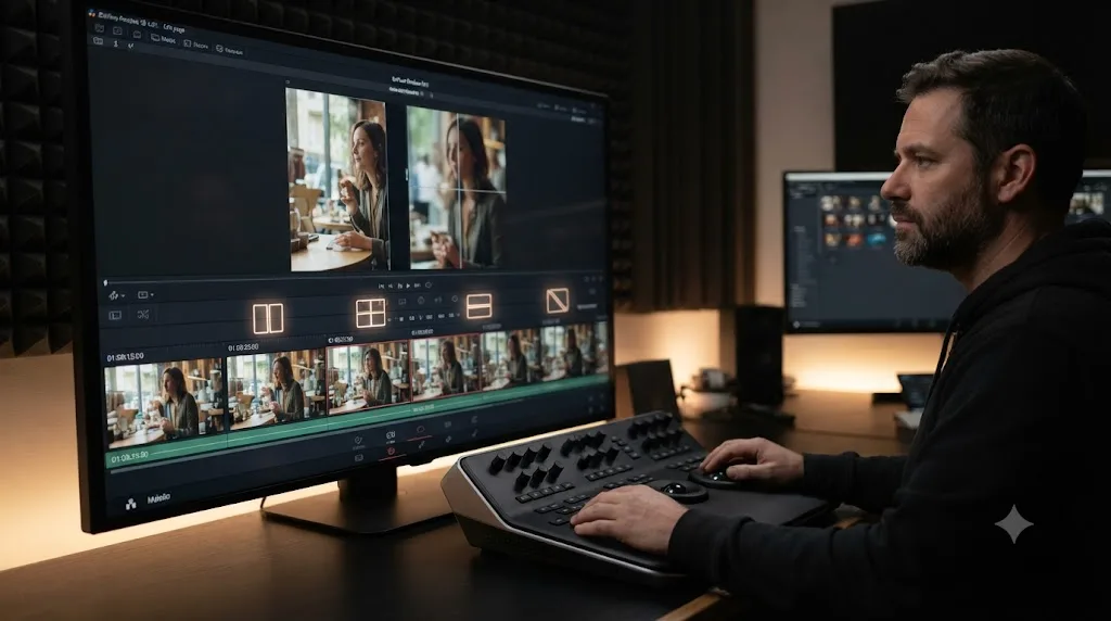 Illustration of five DaVinci Resolve timeline clips in sequence with wipe and split screen icons marking comparison checks between them