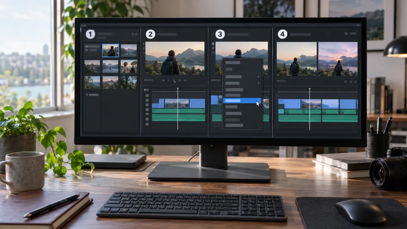 Illustration of the steps to open Timeline Comparison in DaVinci Resolve