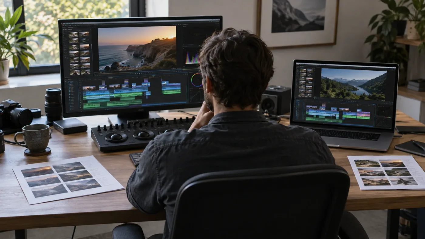 Illustration of two DaVinci Resolve timeline versions being reviewed side by side