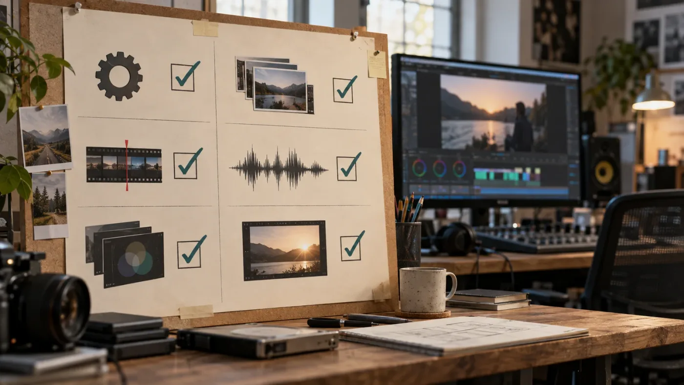 Illustration of a six-pass verification checklist after copying a DaVinci Resolve timeline