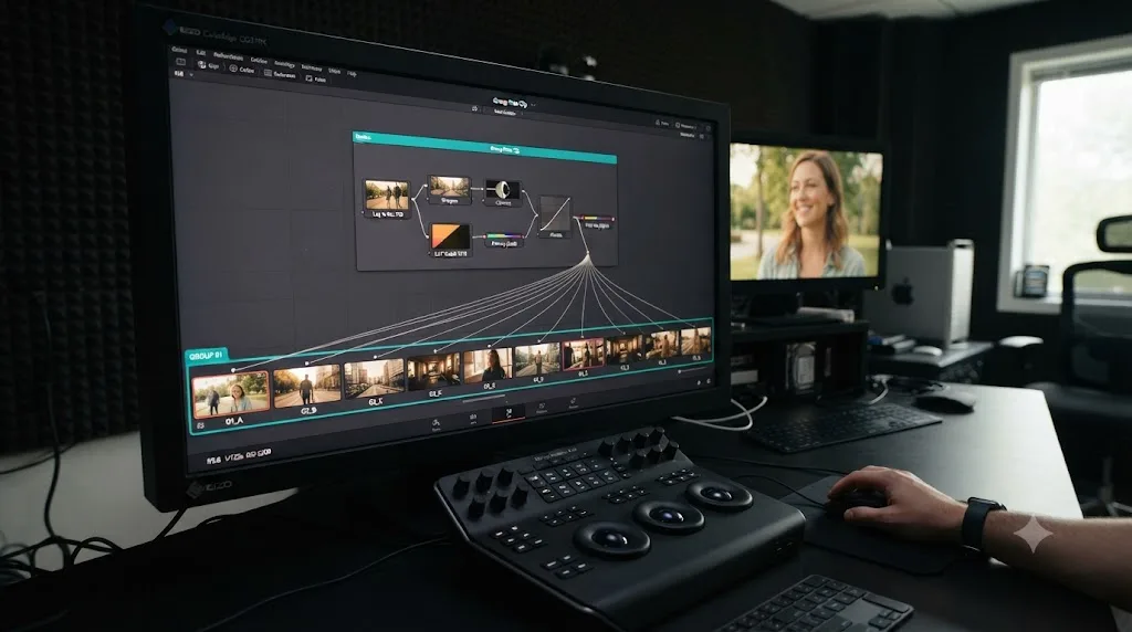 Illustration of a Color Group in DaVinci Resolve sharing one grade across several linked clips