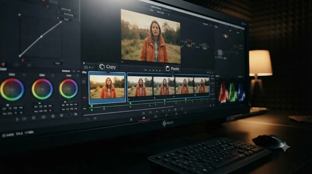 Illustration of copying and pasting a grade between clip thumbnails in the DaVinci Resolve Color page