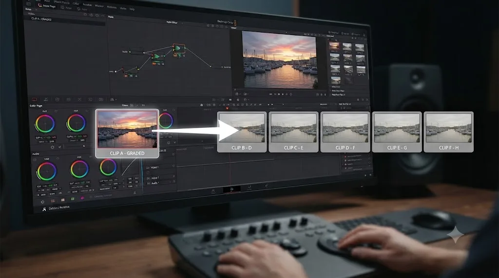 Illustration of one graded clip's color correction being copied onto a row of ungraded clips in DaVinci Resolve