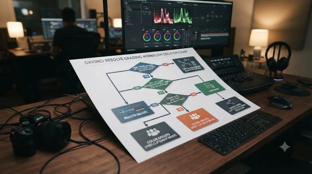 Illustration of a decision flowchart for choosing between copying a grade and linking clips with Color Groups in DaVinci Resolve