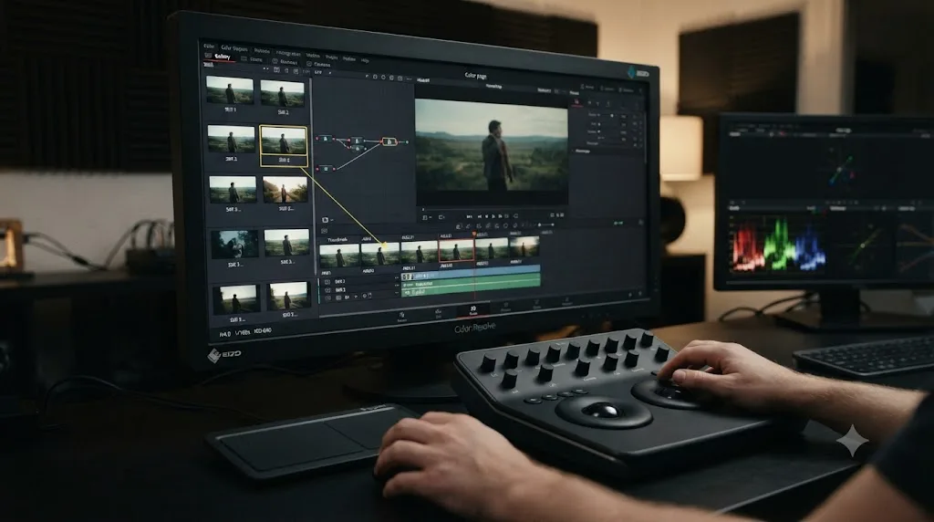 Illustration of grabbing a grade as a still and applying it to several selected clips in the DaVinci Resolve Gallery