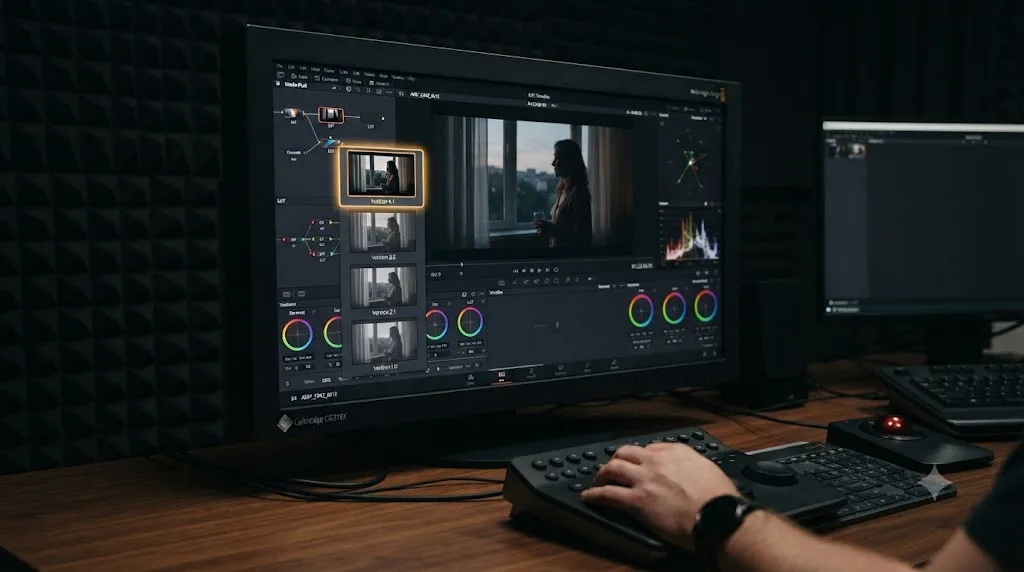 Illustration of DaVinci Resolve grade versions stacked on one clip, with only the active version receiving a copied grade