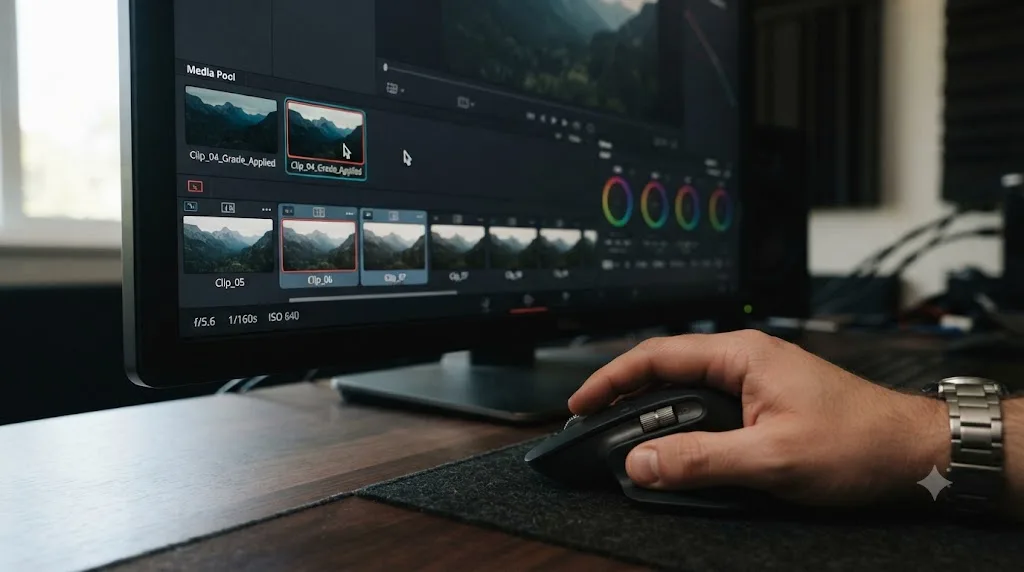 Illustration of using a mouse's middle button to copy a color grade onto selected clips in DaVinci Resolve