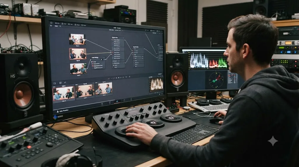 Illustration of three camera angles from a multicam podcast sharing one DaVinci Resolve Color Group grade, with one angle individually corrected