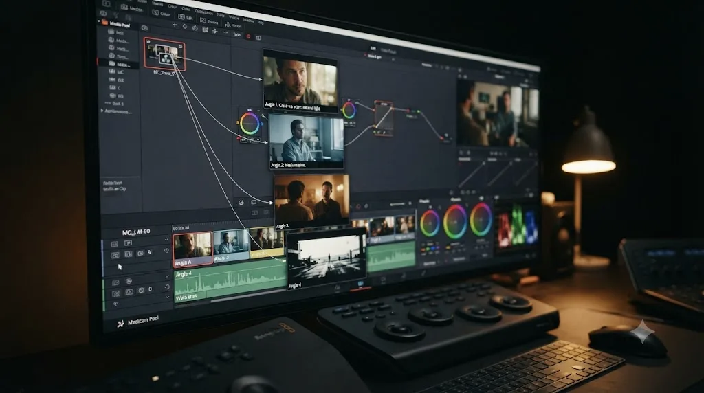 Illustration of a DaVinci Resolve multicam clip opened into separate camera angles, each carrying its own independent color grade