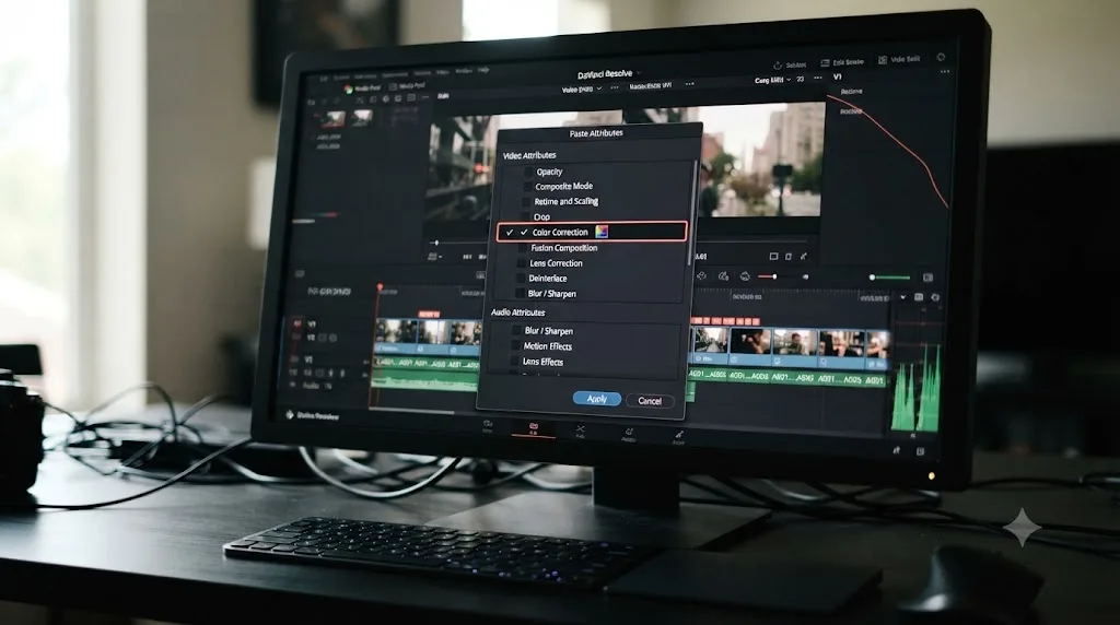 Illustration of the Paste Attributes dialog in DaVinci Resolve with the color correction option selected