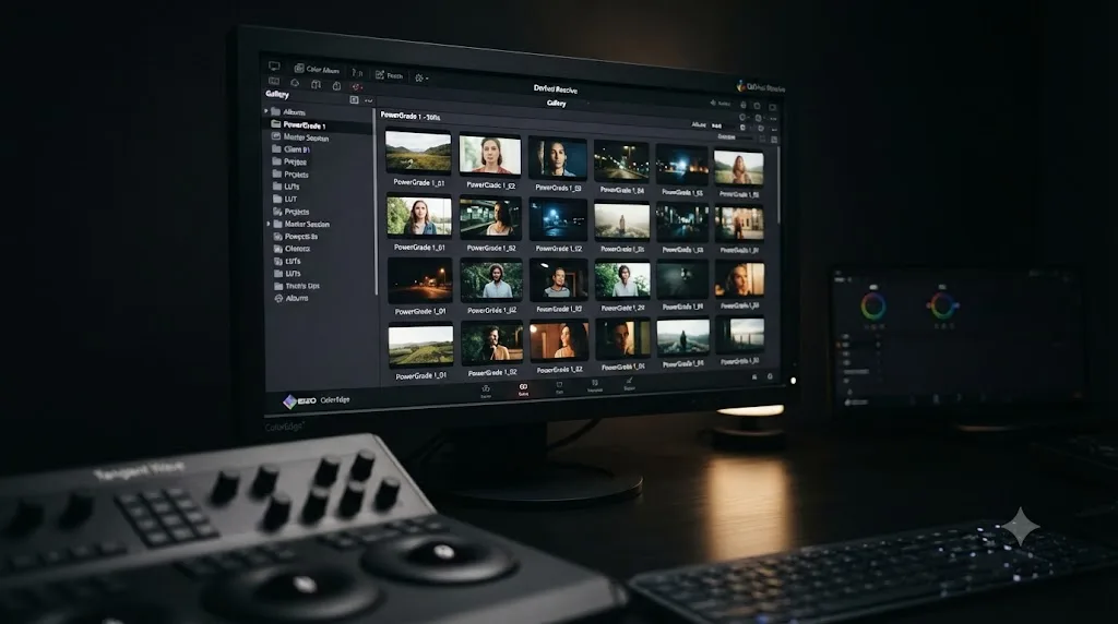 Illustration of a PowerGrade album in the DaVinci Resolve Gallery holding several reusable saved grades