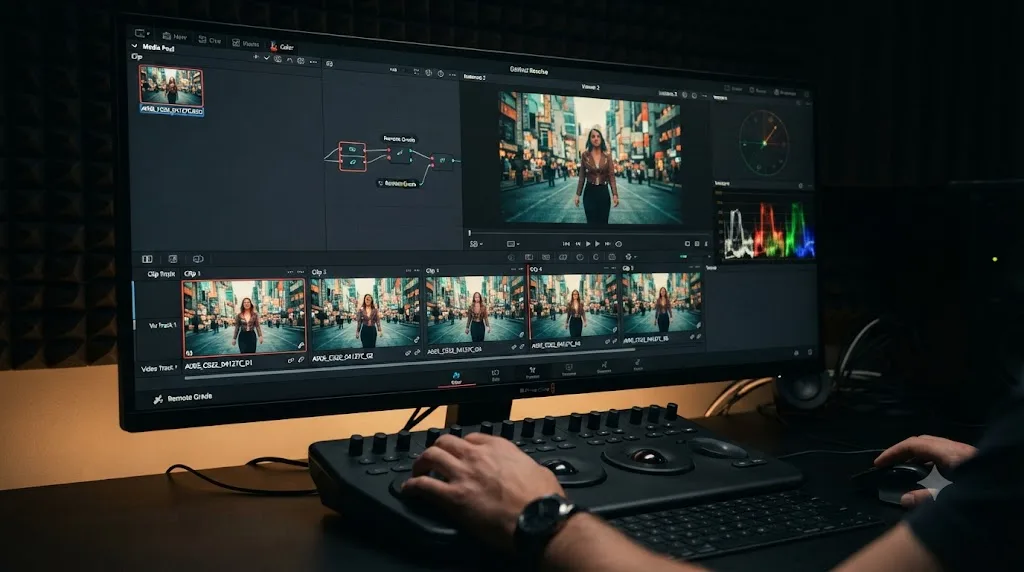 Illustration of a remote grade in DaVinci Resolve applying automatically to every timeline instance of the same source clip