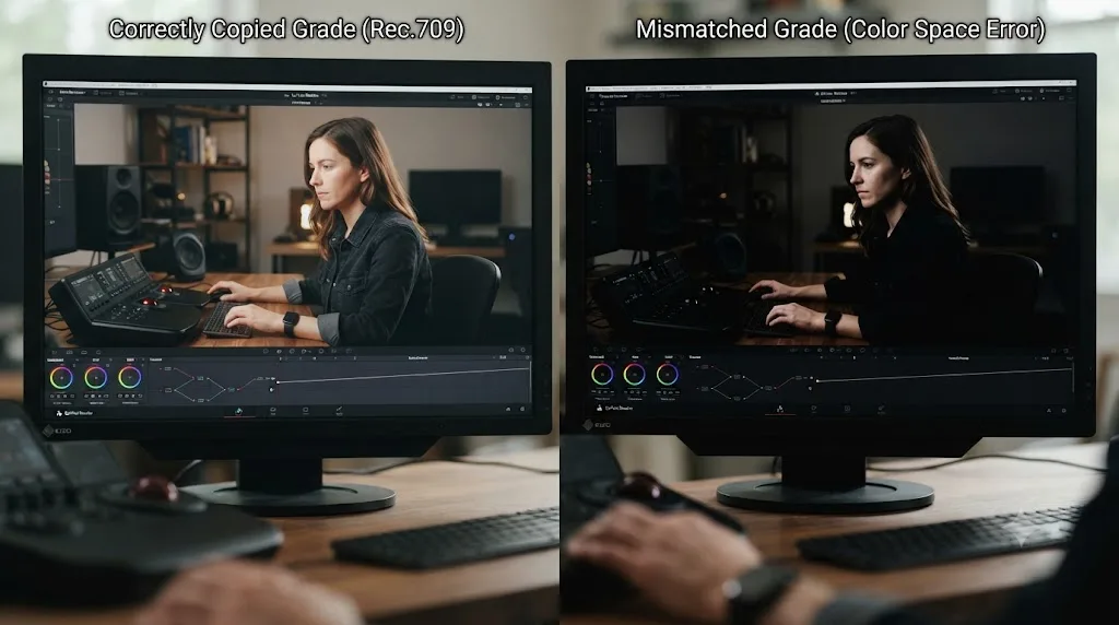 Illustration comparing a correctly copied color grade against a mismatched grade caused by a color space error