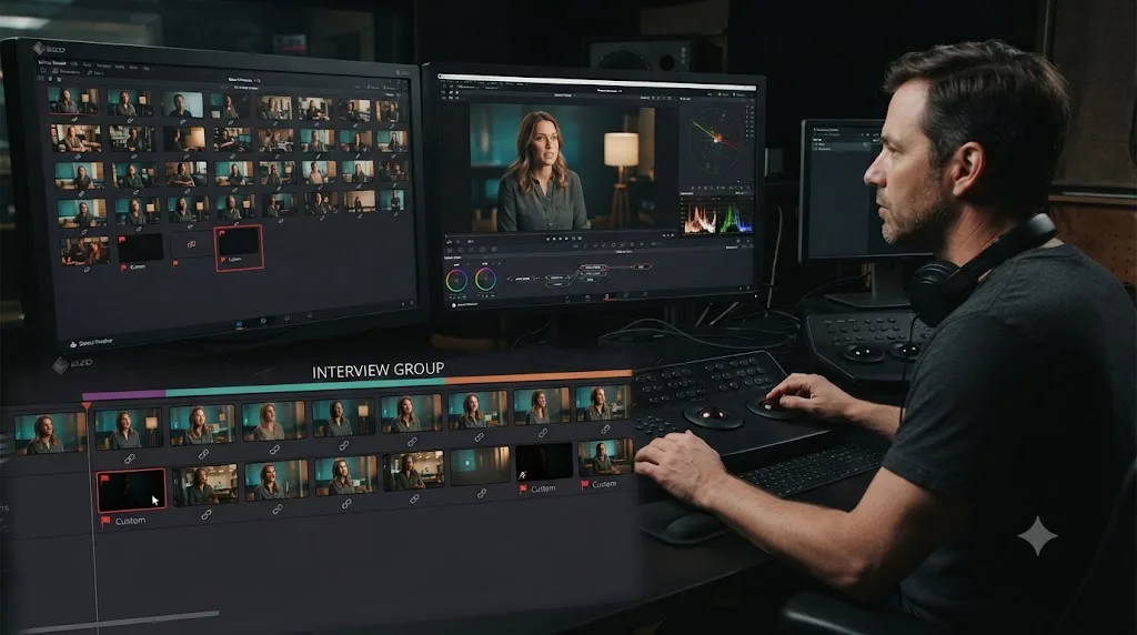 Illustration of forty interview clips organized into a DaVinci Resolve Color Group sharing one applied grade
